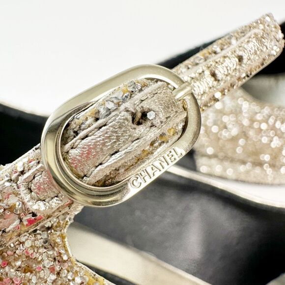 CHANEL 2023 Light Gold Glitter Black Mary Jane Heels 36 Cap Toe CC Logo Platform - Picture 5 of 16